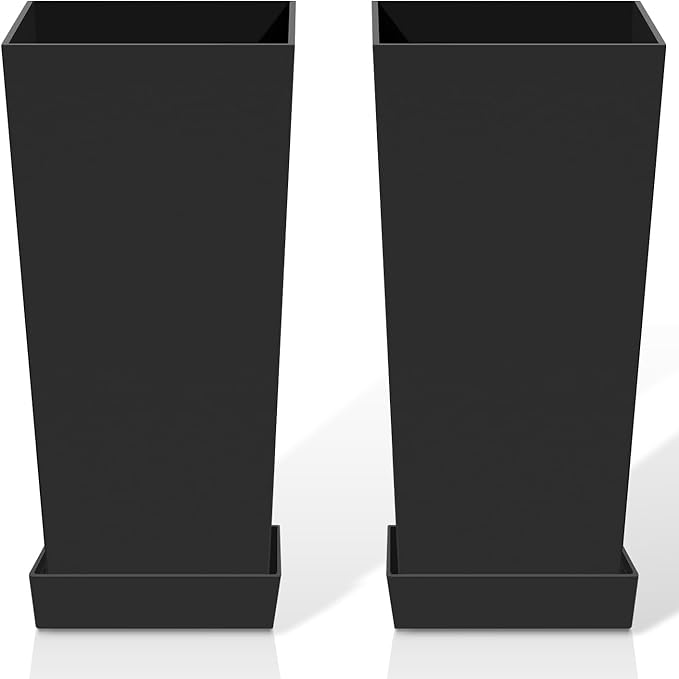 Tall Planters for Outdoor Plants, Large Resin Flower Pots with Saucers for Garden, Front Porch, Patio, Indoor - Set of 2 (Black, 34 inch - 2 Pack)-Ruum Studio Home