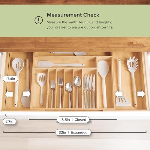 Premium Silverware, Flatware and Utensil Organizer for Kitchen Drawers, Food-Safe Contract Grade, Expandable from 18 to 33 In, Natural Bamboo-Ruum Studio Home