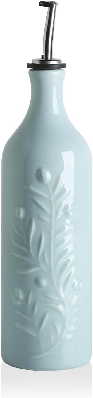 Sweejar Large Olive Oil Dispenser Bottle with Spout, 24 Oz Ceramic Oil Dispenser for Kitchen, Relief Opaque Cruet, Container for Cooking, EVOO, Vinegar, Pack of 1 (Light Blue)-Ruum Studio Home