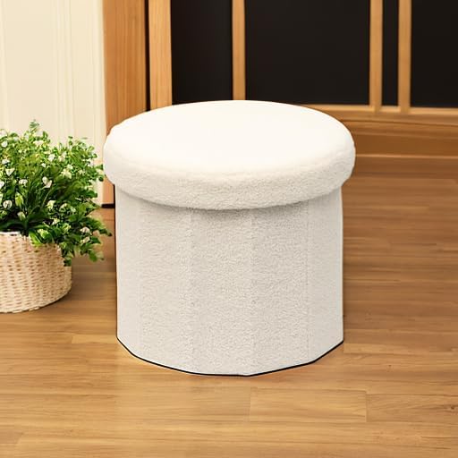 B FSOBEIIALEO Storage Ottoman Cube, Round Ottomans with Storage Foot Stool Footrest for Lving Room, Boucle Ottoman Seat for Dorm Room,Faux Teddy Fur, Cream White 15"x15"x15"-Ruum Studio Home