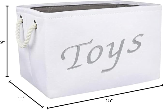 Embroidered Tote Bin - Storage Basket for Nursery - Large Storage Box - Organizing Bedroom, Closet, Classroom (White Toys Basket)-Ruum Studio Home