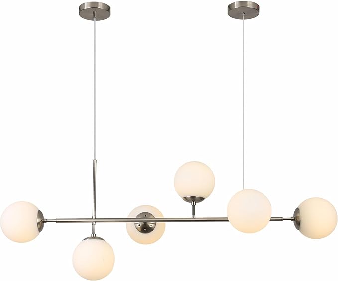 KCO Modern Silver Milk Glass Pendant Light 6 Light Pendant Light Fixture Chandelier Brushed Nickel Chandelier Modern Hanging Linear Light Fixture for Dining Room Kitchen Island-Ruum Studio Home