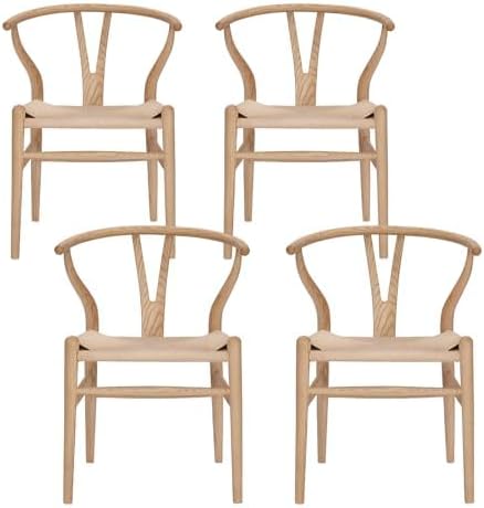 Wishbone Chair Natural Solid Wood Dining Chair/Hans Wegner Y Chair Rattan and Wood Accent Armrest Chairs - Ash Wood Chairs Set of 4 (Ash Wood + Natural Color)-Ruum Studio Home
