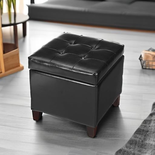 Adeco Storage Ottoman Foot Rest Stool, Leather Ottoman Footstool with Wood Legs and Hinged Lid, 18" Small Foot Stool Bench for Living Room, Bedroom, Black-Ruum Studio Home