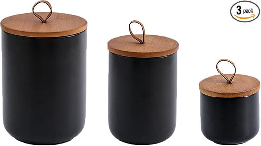 YYW Kitchen Canister Set for Countertop Set of 3, 9/28/45 oz Ceramic Food Storage Containers with Airtight Wood Lids, Food Saver Jars for Coffee, Tea, Candy, Flour(Three-piece suit in black)-Ruum Studio Home