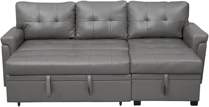 Naomi Home L-Shaped Reversible Sectional Sofa with Pull-Out Sleeper Bed and Storage Chaise, Gray Air Leather-Ruum Studio Home