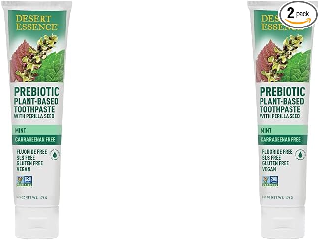 Desert Essence Prebiotic Plant-Based Toothpaste Mint 6.25 oz - Fluoride Free, No SLS, Gluten-Free, Vegan, Cruelty Free - Healthy Oral Microbiome - Tea Tree Oil, Inulin & Chicory Root (Pack of 2)-Ruum Studio Home