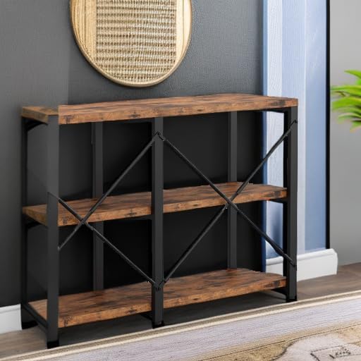 IRONCK Rustic Entryway Console Table, Long Hallway Table 47 in 3-Tier, TV Stand Entertainment Center Media Stand for Living Room, Industrial Style, Vintage Brown-Ruum Studio Home