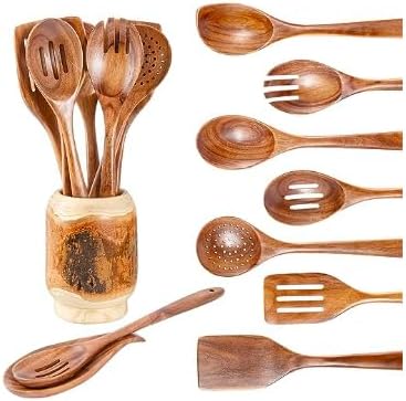 Gudamaye 13 inch Long Wooden Spoons for Cooking,Wooden Utensils for Cooking with Utensils Holder,9 PCES Wooden Kitchen Utensils Set with Utensils Holder and Spoon Rest,Natural Teak Wooden Spoons Set-Ruum Studio Home