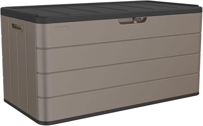 Premium Pro Edition 100 Gallon Lockable Resin Deck Box, Waterproof & UV-Resistant Outdoor Storage Box for Outdoor Cushion Storage, Garden Tools & Pool Accessories Storage, Brown-Ruum Studio Home