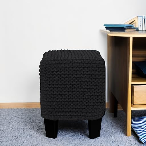 REDEARTH Cube Pouf Foot Stool Ottoman - Hand Knitted Poof - Cord Boho Pouffe - Home Décor - Stuffed Footrest for Living Room - Bedroom - Covered Patio (16" x 16" x 16") - Black-Ruum Studio Home