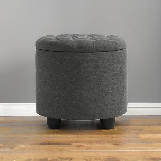 Furniliving 18.7inch Storage Round Ottoman, Footstools with Hidden Storage with Removable Lid, Stylish Button Tufted Design Ottoman Foot Stools for Living Room, Bedroom，Darkgrey-Ruum Studio Home