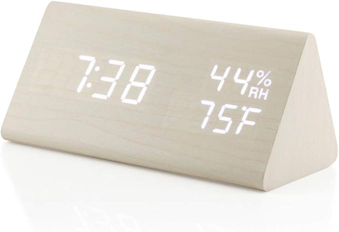 OCT17 Wooden Alarm Clock, Wood Alarm Clock Smart LED Digital Clock for Bedroom/desks, Upgraded with Time Temperature, Adjustable Brightness and Voice Control, Humidity Displaying - White-Ruum Studio Home