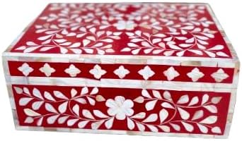 Decorative Wooden Storage Box with Mother of Pearl Inlay – Elegant Floral Design – Perfect for Home Décor in Living Room, Dining Area, or Bedroom (Red, 12x8x5 inches)-Ruum Studio Home