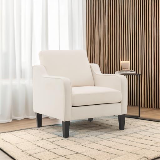 VINGLI Mid Century Modern Accent Chair, Beige Fabric Accent Chairs for Living Room Upholstered Armchair Sofa with Scooped Arms for Bedroom, Apartment, Studio, Office, Waiting Room-Ruum Studio Home