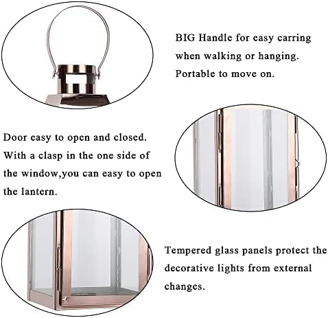 JHY DESIGN Decorative Candle Lanterns 15" High Stainless Steel Candle Lanterns with Tempered Glass for Indoor Outdoor Events Parities and Weddings Vintage Style Hanging Lamps(Rose Gold)-Ruum Studio Home