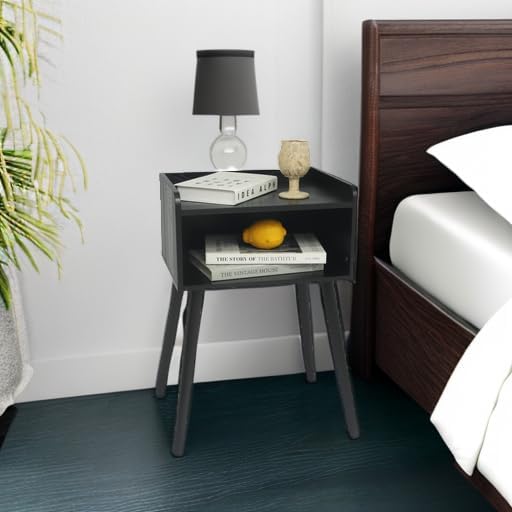 MaxSmeo Nightstand, Mid Century Modern Side Table Bedroom with Storage, Small End Bedside Table with Solid Wood Legs for Living Room, Office Small Spaces (Black)-Ruum Studio Home
