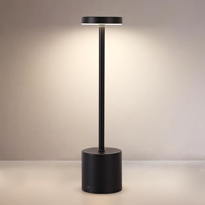 Cordless Table Lamp, 5000mAh Rechargeable Battery Powered LED Desk Lamp, Portable Touch Control Outdoor Table Lamps,3 Color Dimmable Light for Restaurant, Patio, Bedroom, Night Lamp (Black)-Ruum Studio Home