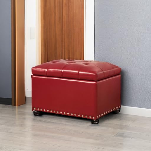 Joveco Leather Storage Ottoman, 24" Rectangle Square Bench Foot Rest Stool for Bedroom Living Room, Red-Ruum Studio Home