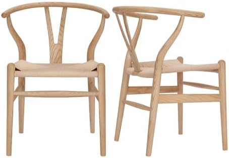 Wishbone Chair Natural Solid Wood Dining Chair/Hans Wegner Y Chair Rattan and Wood Accent Armrest Chairs Set of 2 (Ash Wood + Natural)-Ruum Studio Home