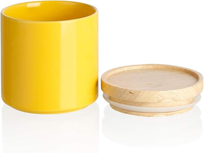 Sweejar Kitchen Canisters Ceramic Food Storage Jar, Stackable Containers with Airtight Seal Wooden Lid for Serving Ground Coffee, Tea, Sugar, Salt and More - 16 Fl Oz (Yellow)-Ruum Studio Home