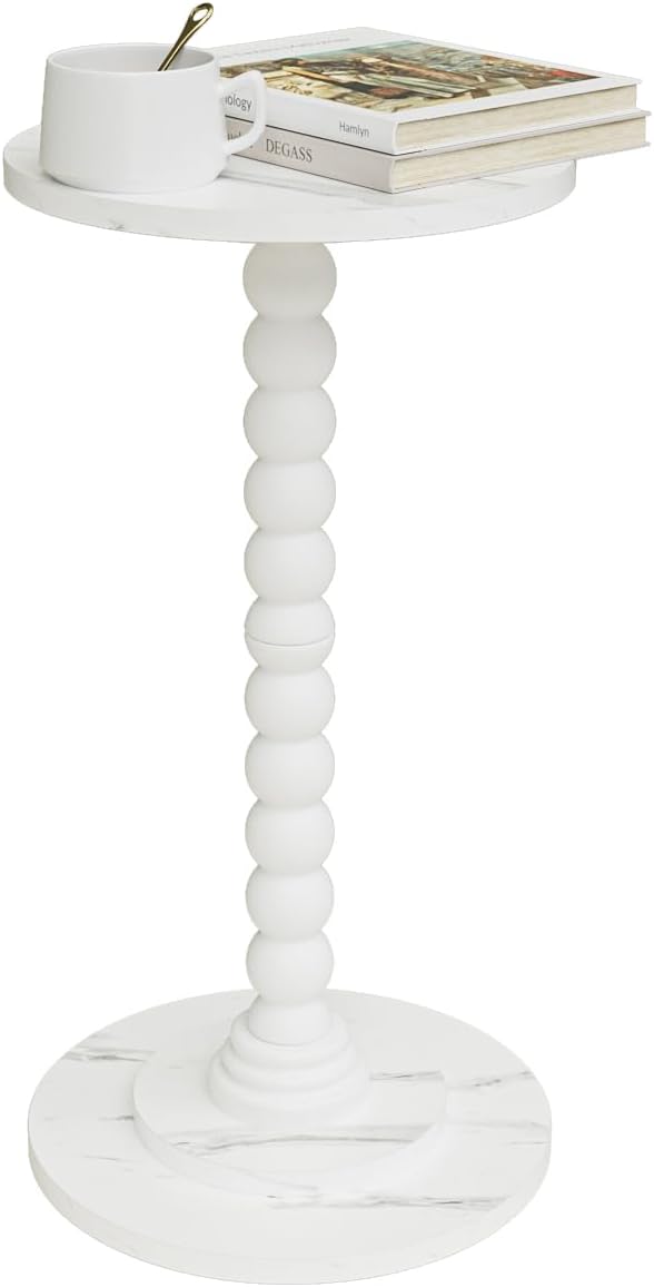 Masupu Round Side Table, Small Drink Table for Small Spaces, Pedestal End Table with Solid Wood Leg for Living Room, Bedroom, Corners(Marble White)-Ruum Studio Home