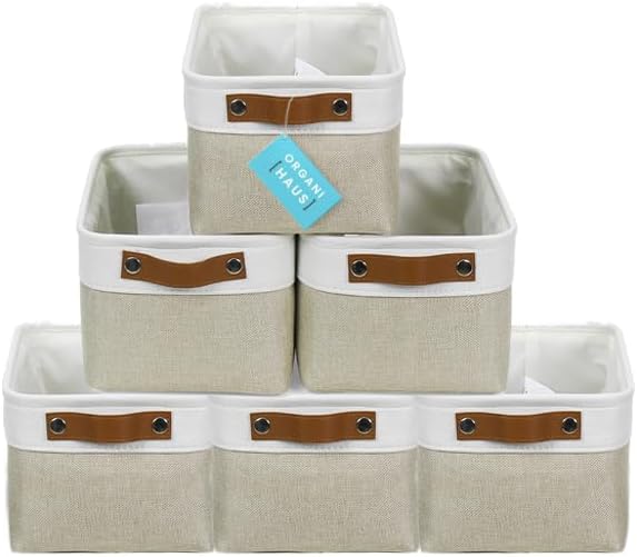 OrganiHaus Small Fabric Storage Baskets for Shelves 6 Pack, 12x8in Closet Storage Bins for Shelves, Cloth Storage Bins, Linen Closet Organizers, Fabric Basket, Shelf Baskets for Organizing Beige/White-Ruum Studio Home