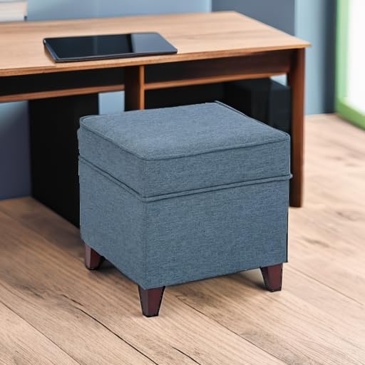 Adeco 17" Square Ottoman with Storage, Small Blue Storage Ottoman Foot Rest with Hinged Lid & Solid Wood Legs, Linen Fabric Foot Stool for Living Room & Bedroom-Ruum Studio Home