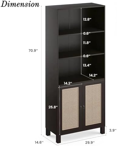 Tall Bookshelf, 5-Tier Book Shelf with 2 Rattan Doors, Freestanding Bookcase Display Shelves with Large Storage, Book Case for Living Room, Office, Study, Bedroom, 70.9 Inch-Ruum Studio Home