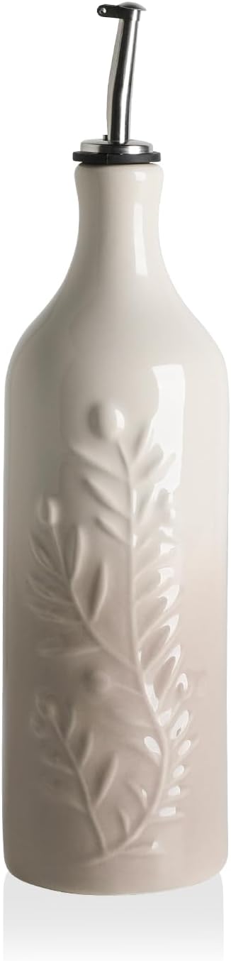 Sweejar Large Olive Oil Dispenser Bottle with Spout, 24 Oz Ceramic Oil Dispenser for Kitchen, Relief Opaque Cruet, Container for Cooking, EVOO, Vinegar, Pack of 1 (GradientFogGray)-Ruum Studio Home