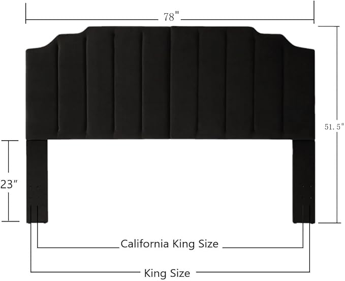 24KF Black Velvet Tufted King Upholstered Headboard, Modern Vertical Channel Design California King Headboard with Stepped Silhouette Top Edge,Black-Ruum Studio Home