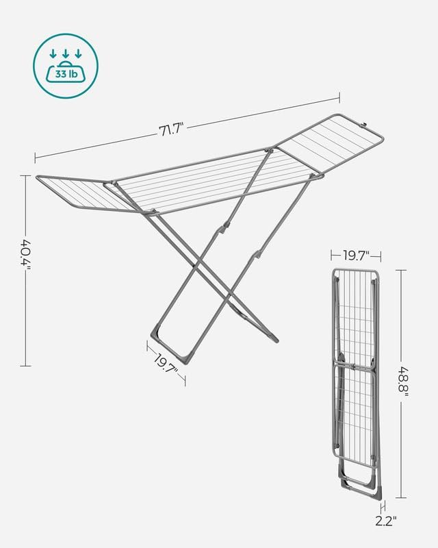 SONGMICS Clothes Drying Rack, Metal Laundry Drying Rack, Foldable, Space-Saving, Free-Standing Airer, with 2 Gullwings, Indoor Outdoor Use, Bed Linen Clothing, Gray ULLR540G01-Ruum Studio Home