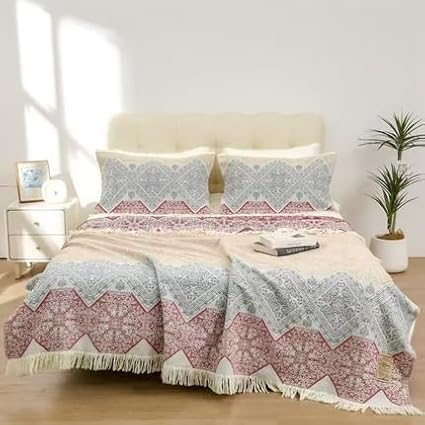 Boho Muslin Blanket for Adults 4-Layer Gauze Twin Size Soft Cozy 100% Cotton Summer Cooling Blanket Floral Decor for Sofa Bed Coverlet Both Sides (Tassels Boho, Twin 60 x 80 in)-Ruum Studio Home