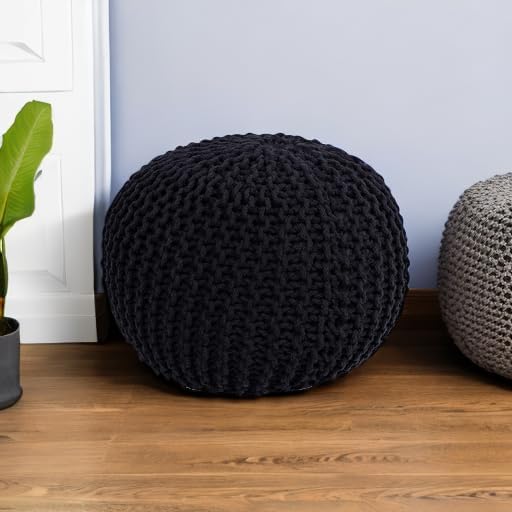 BIRDROCK HOME Round Pouf Ottoman | Cotton Braided Foot Stool with Bean Bag Filling | Boho Foot Rest for Living Room & Bedroom | Compact & Comfortable Seating, Lightweight & Soft | Black-Ruum Studio Home