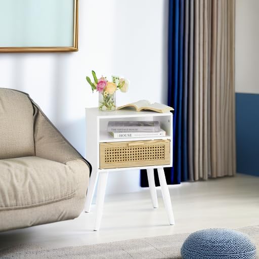 MaxSmeo White Nightstand with Drawer, Mid Century Modern Nightstand, Rattan Side Table, End Table with Storage for Living Room, Bedroom and Small Spaces, Easy Assembly (White)-Ruum Studio Home