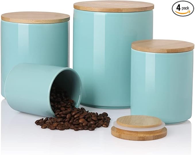 Sweejar Kitchen Canisters Ceramic Food Storage Jar Set, Stackable Containers with Airtight Seal Bamboo Lid for Serving Ground Coffee, Tea,Grains, Herbs,Sugar, Salt and More - Pack of 4（Turquoise）-Ruum Studio Home