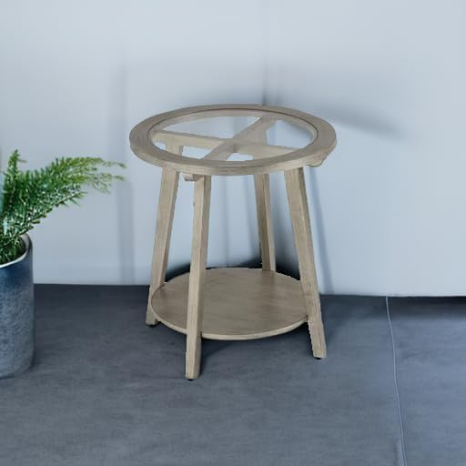 COSIEST 2-Tier End Table with Tempered Glass Top, Round MDF Side Table with Storage Shelf, Modern Wood Accent Table for Bedroom Living Room Home Office, Antique Silver-Ruum Studio Home