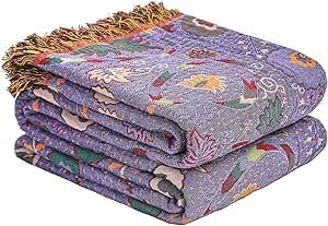 Boho Throw Blanket for Bed,100% Ultra Cotton Soft Breathable Bed Throw Floral Printed Farmhouse Decor Rustic Bed Throws for Couch Sofa Quilt Purple Flowers 60" x 80"-Ruum Studio Home