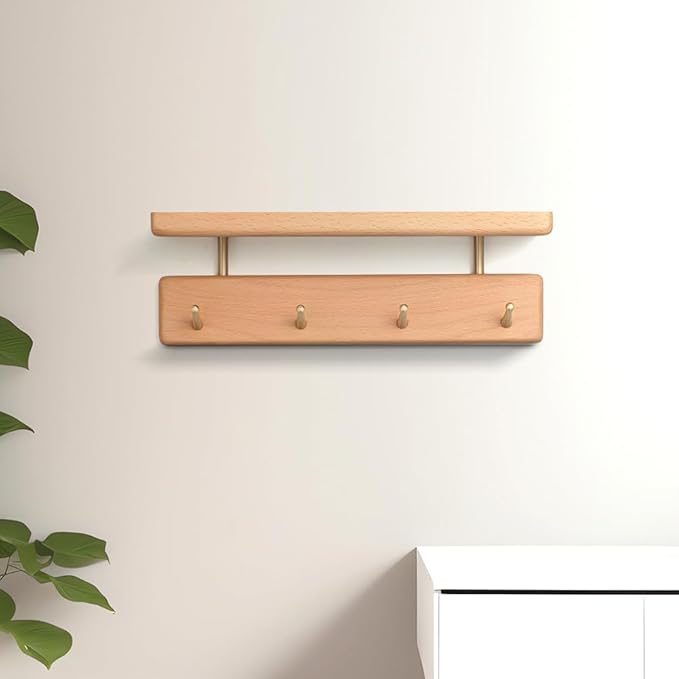 Shelf with Hooks, Solid Wood Bedroom Shelves for Wall, Wooden Coat Rack Wall Mount for Bathroom, Kitchen, Door Entryway (Beech, 30cm/11.81inch)-Ruum Studio Home