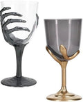 Halloween Gothic Wine Glass Set, Gray Skeleton Hand Stem and Gray Snake Gold Base, Spooky Party Glassware, Clear Cup with Dark Accent-Ruum Studio Home