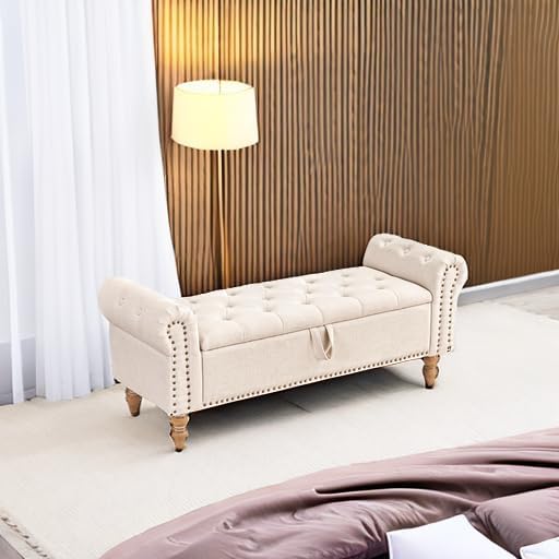 Furniliving 51” Storage Benches, End of Bed Bench with Button-Tufted Large Upholstered Storage Ottoman Linen Window Bench with Storage Shoe Cabinet Bench, for Bedroom, Entryway, Closet, Beige-Ruum Studio Home