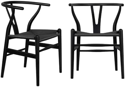 Wishbone Chair Natural Solid Wood Dining Chair/Hans Vegner Y Chair Rattan and Wood Accent Armrest Chairs Set of 2 (Ash Wood - Black)-Ruum Studio Home