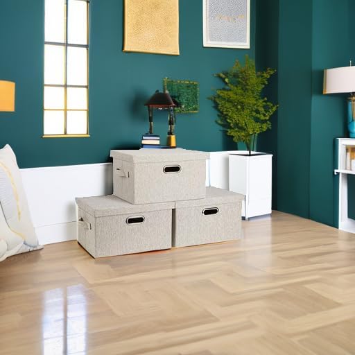Medium 15" 21 Quart Collapsible Stackable Storage Bins with Lids, 3 Packs Beige Foldable Fabric Closet Boxes Heavy-duty Linen Cube Baskets Container for Bedroom Office (15 x 11 x 8)-Ruum Studio Home