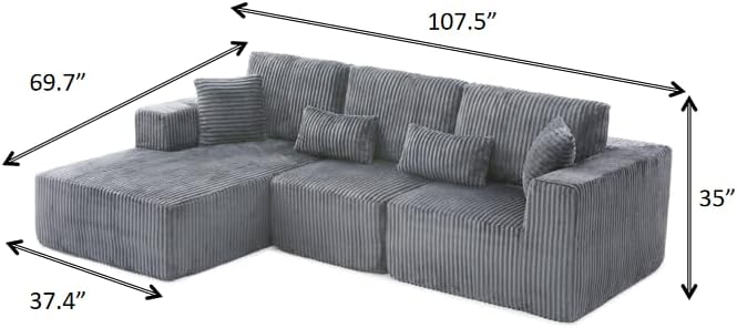 HYJT-H&K Modular Sectional Sofa Cloud Sectional Couch, 107" Comfy Fluffy L Shaped Dark Grey Couches for Living Room, Deep Seat Memory Foam Plush Corduroy Boneless Couch Sectionals Left Facing Chaise-Ruum Studio Home