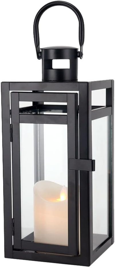 TRIROCKS Metal Candle Lantern 12'' High Decorative Outdoor Lantern Hanging Lantern with Tempered Glass for Christmas Home Decor Living Room Parties Events Tabletop Indoors Outdoors (Black Matte)-Ruum Studio Home