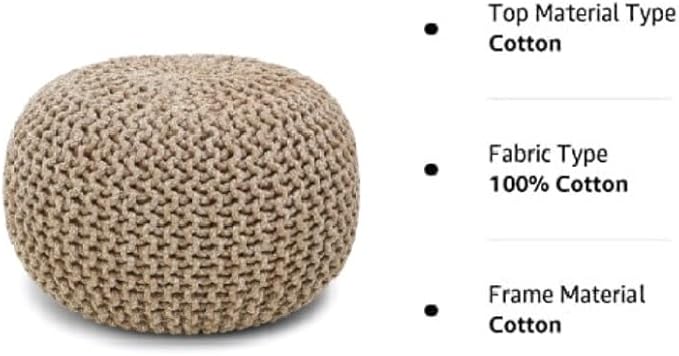 REDEARTH Round Pouf Ottoman - Hand Knitted Cable Boho Poof Home Décor Pouffe Circular Footrest for Living Room - Nursery - Bedroom - Lounge 100% Cotton (18”x18”x14”) - Beige Ivory-Ruum Studio Home