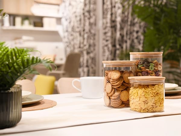 Glass Food Storage Jars Square 24oz, 4 Pack Glass Jars With Bamboo Lids, Kitchen Storage Containers For Spice, Candy, Cookie, Storage For Pantry Organizers-Ruum Studio Home