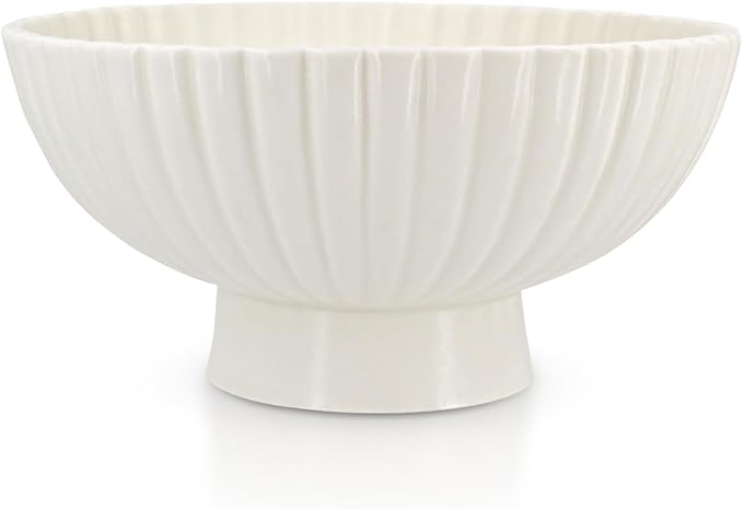 White Ceramic Fluted Decorative Bowl - 8 inch Fruit Footed Bowl for Kitchen Counter, Modern Key Pedestal Ruffle Bowl for Entryway Table & Home Organization-Fits Bread, Fruits, Salad or Popcorn-Ruum Studio Home