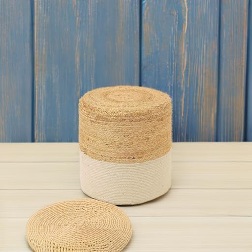 REDEARTH · Cylindrical Pouf Foot Stool Ottoman - Jute Braided Accent Sitting Footrest for The Living Room, Bedroom, Nursery, Patio, Lounge & Other Rooms in The Home (14.5”x14.5”x16”; Natural Ivory)-Ruum Studio Home