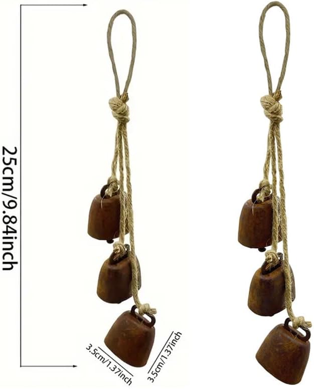 2pc Rustic Charm Bell - Handmade Hemp Rope Wind Chimes Hanging Decoration, Distressed Finish Cow Bell with Jute Hanging Rope, Perfect for Front Door, Outdoor, Window, and Home Decor,-Ruum Studio Home